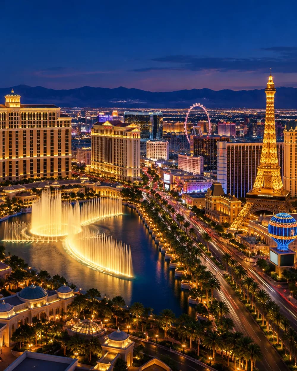 Vista nocturna del Strip de Las Vegas con las fuentes iluminadas y los hoteles