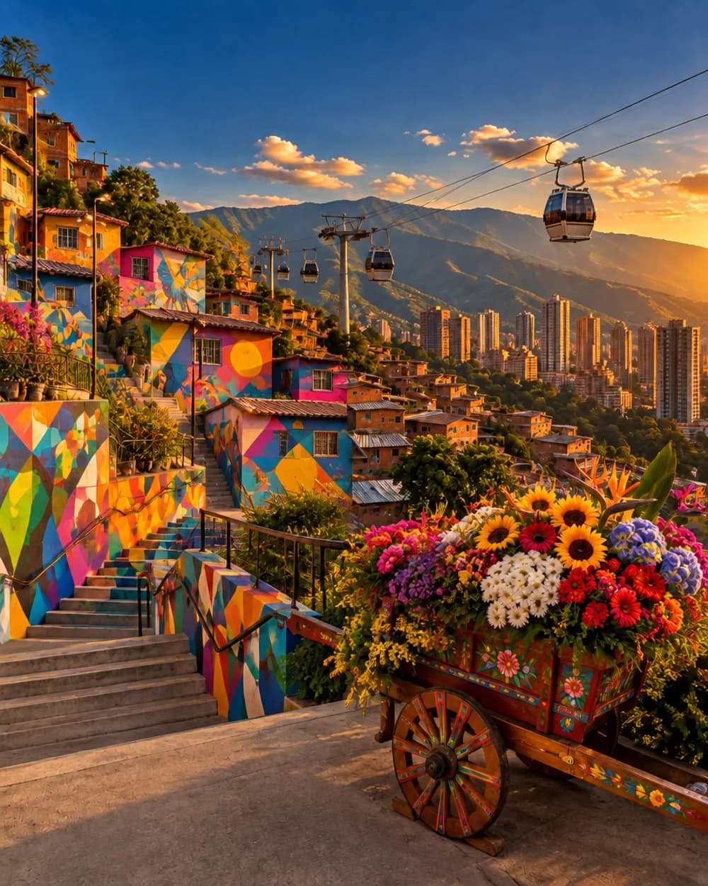 Comuna 13 de Medellín, Colombia, al atardecer, con casas de colores, flores y el metrocable sobre las montañas